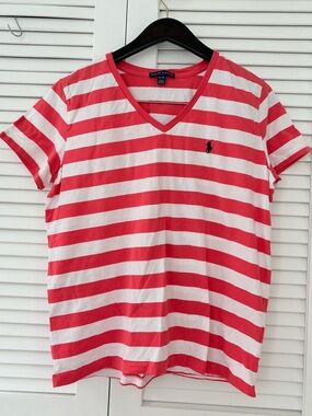 Ralph Lauren Red & White Striped V-Neck Tee